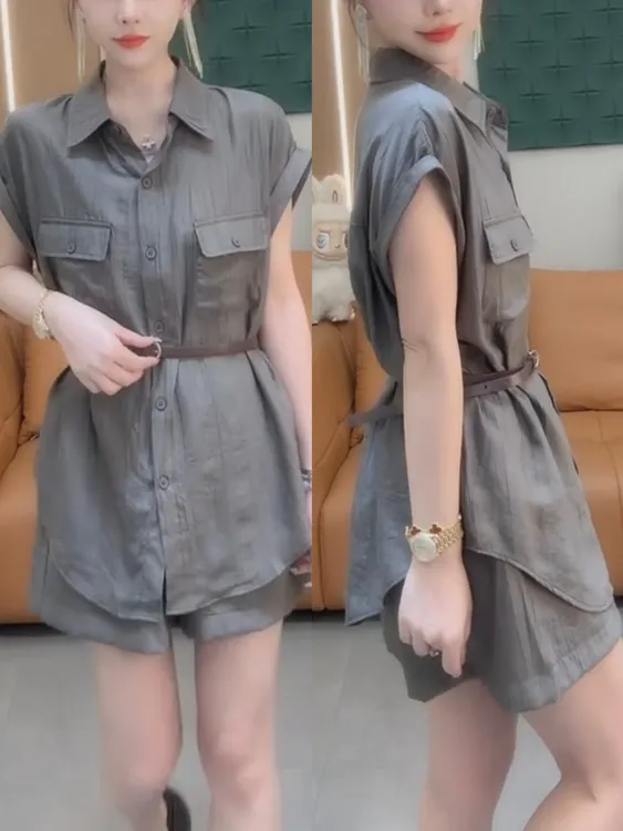夏季新款透气水洗棉气质套装短袖衬衣短裤洋气减龄轻薄柔软两件套