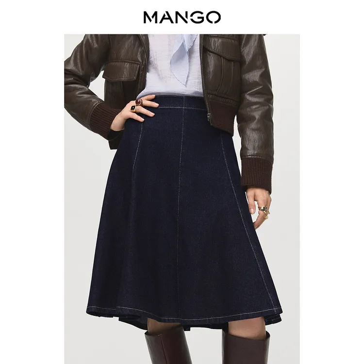 MANGO女装半身裙2025秋装新款美式复古拼接中长款高腰牛仔伞裙