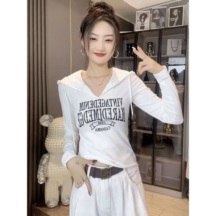 大码美式印花连帽长袖t恤女2025早秋新款修身显瘦遮肉时尚上衣ins
