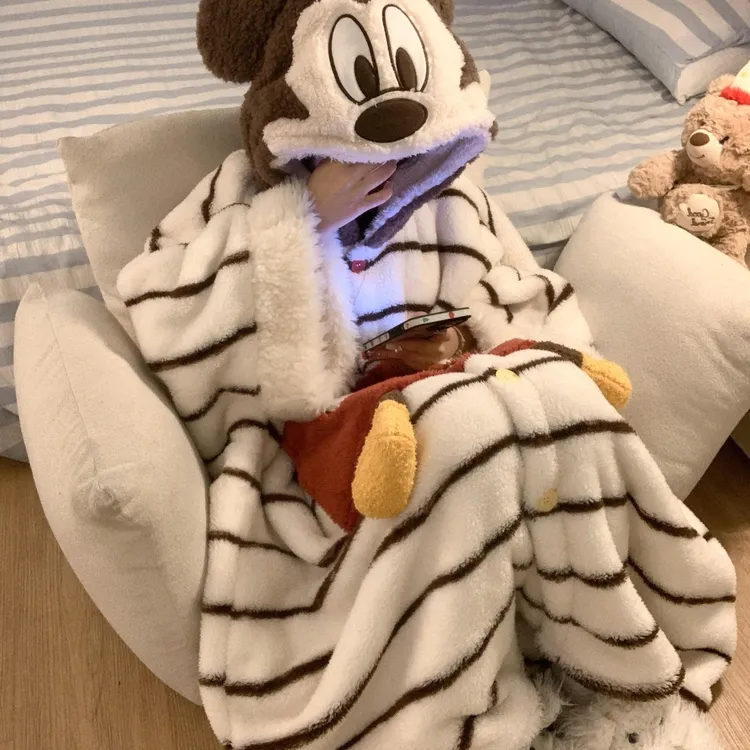 【条纹米奇】卡通斗篷睡衣秋冬季珊瑚绒连帽睡袍加绒加厚保暖家居服