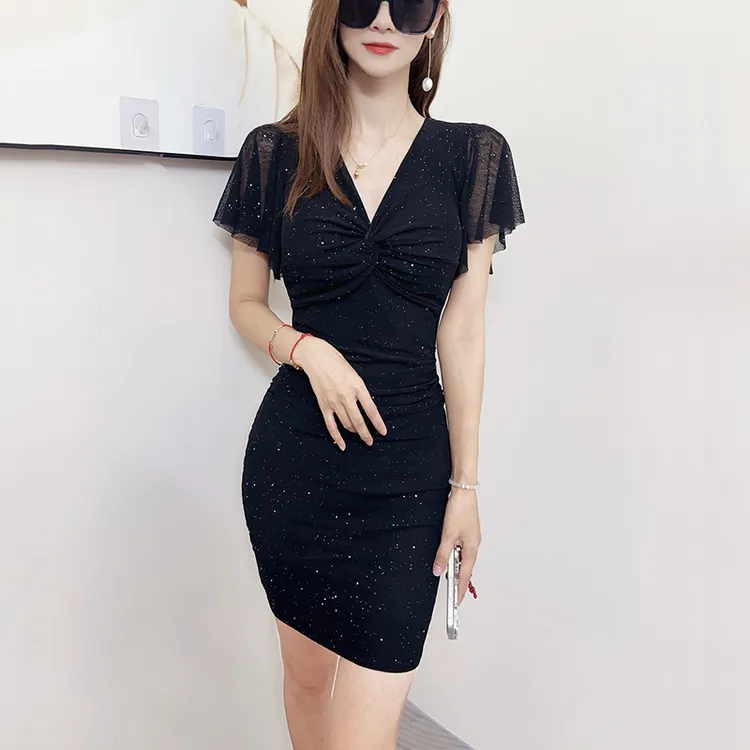 夏季新款收腰连衣裙小性感V领高弹力修身显瘦包臀裙短裙小黑裙