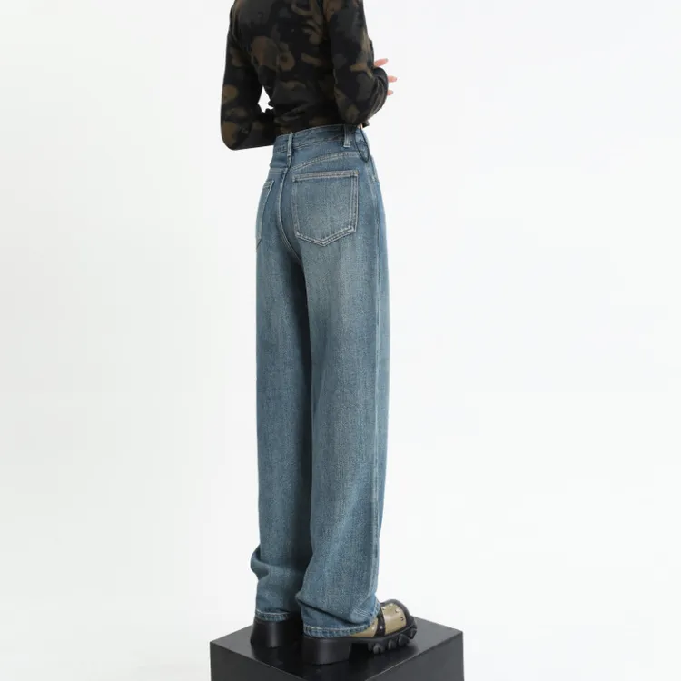 阔腿牛仔裤女秋冬厚绒宽松高腰垂感百搭拖地裤显瘦直筒长裤子