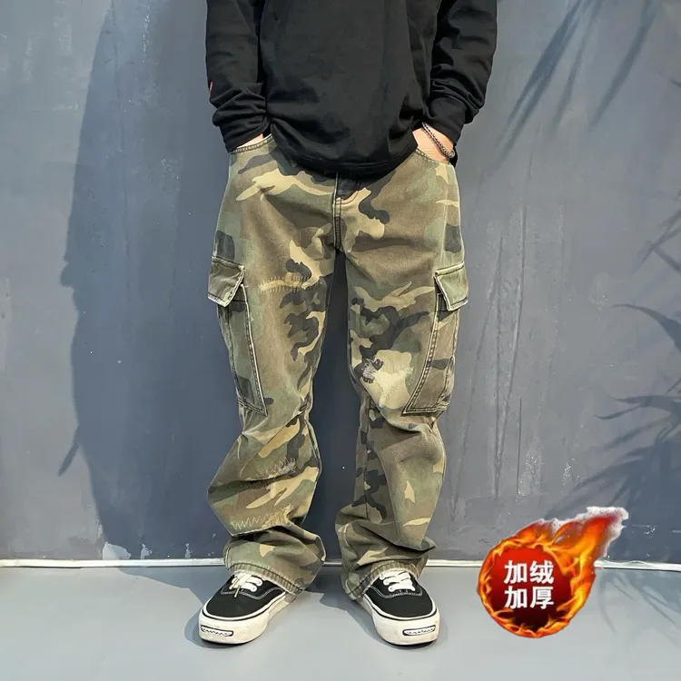 BIGFORSAM美式加绒加厚迷彩工装裤男冬季水洗做旧宽松直筒休闲裤