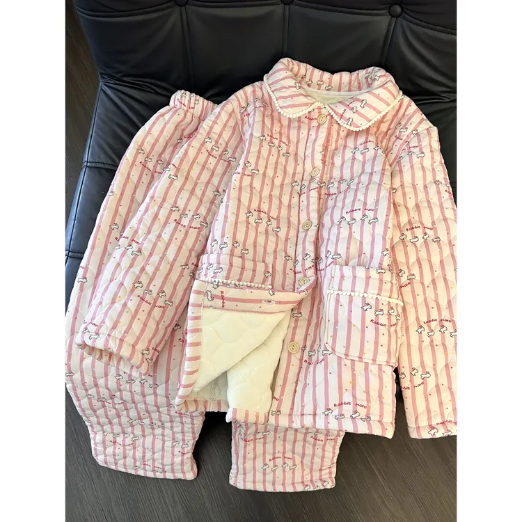 粉色翻领棉服可爱卡通兔子夹棉睡衣女秋冬新款加厚保暖家居服套装