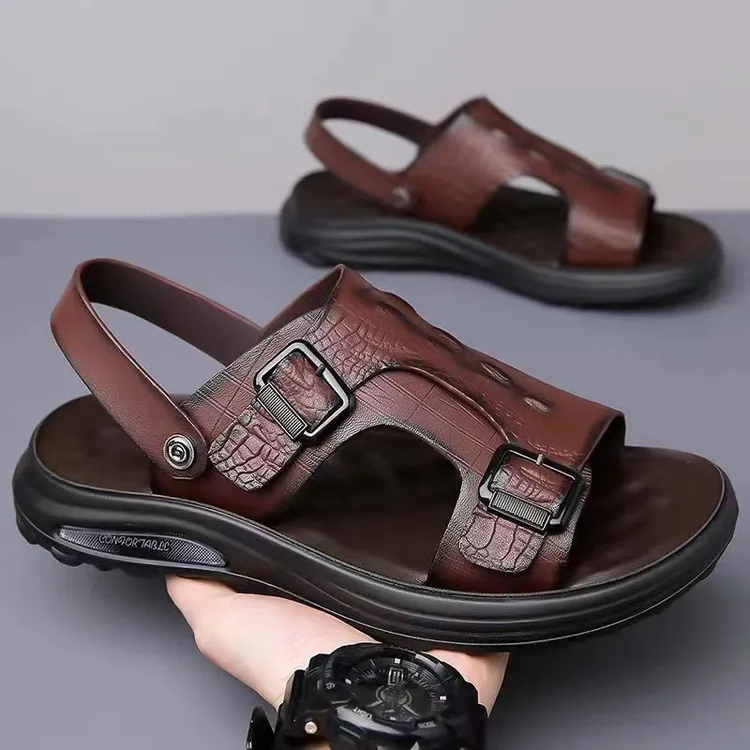 蜻蜓牌真皮凉鞋男夏季纯牛皮不臭脚开车司机专用爸爸防滑沙滩鞋男