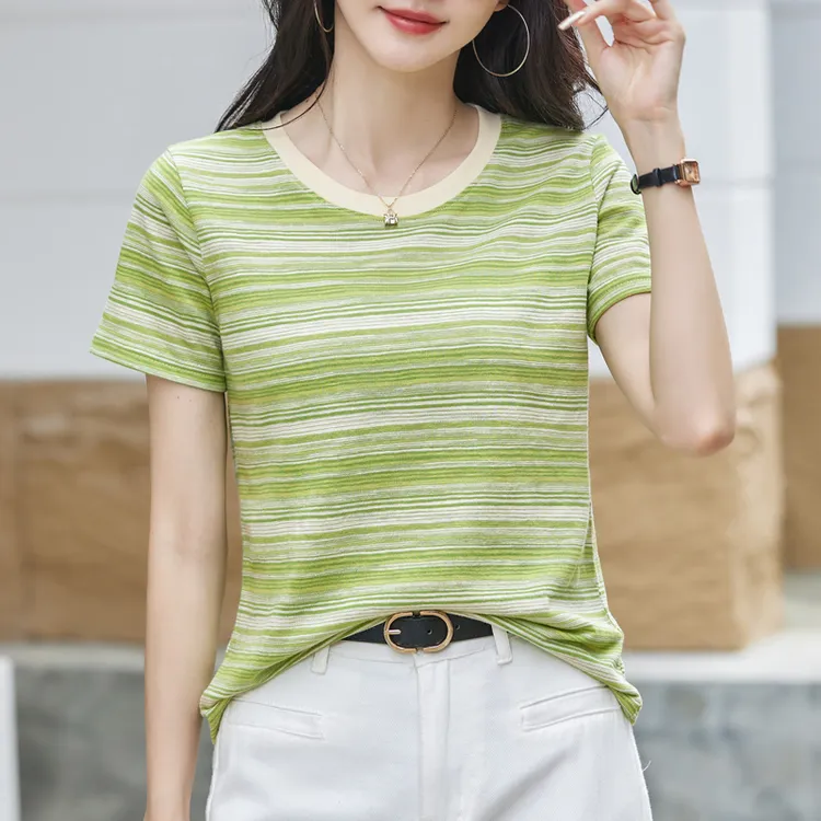 2025夏季撞色条纹圆领小清新正肩短袖t恤女雪花竹节棉宽松上衣潮