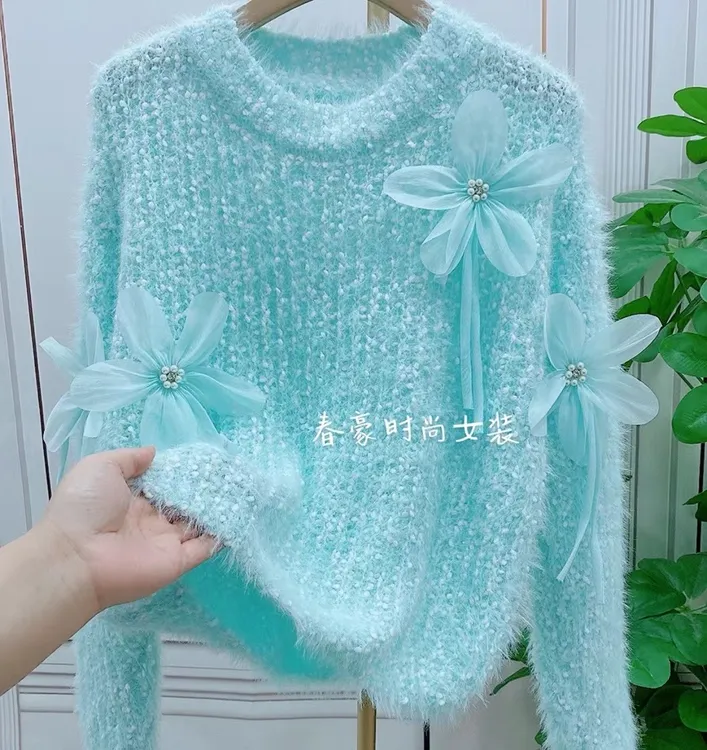 韩系立体钉珠花朵设计针织毛衣甜美亮肤秋冬新款宽松洋气减龄上衣