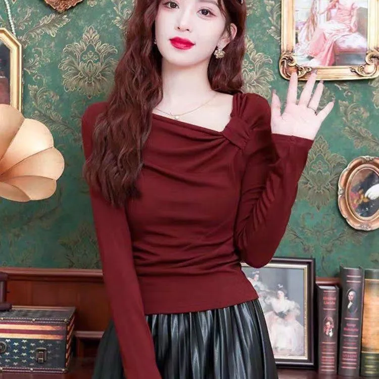 安可拉红斜领长袖恤女2025春秋新款洋气百搭修身显瘦打底衫上衣