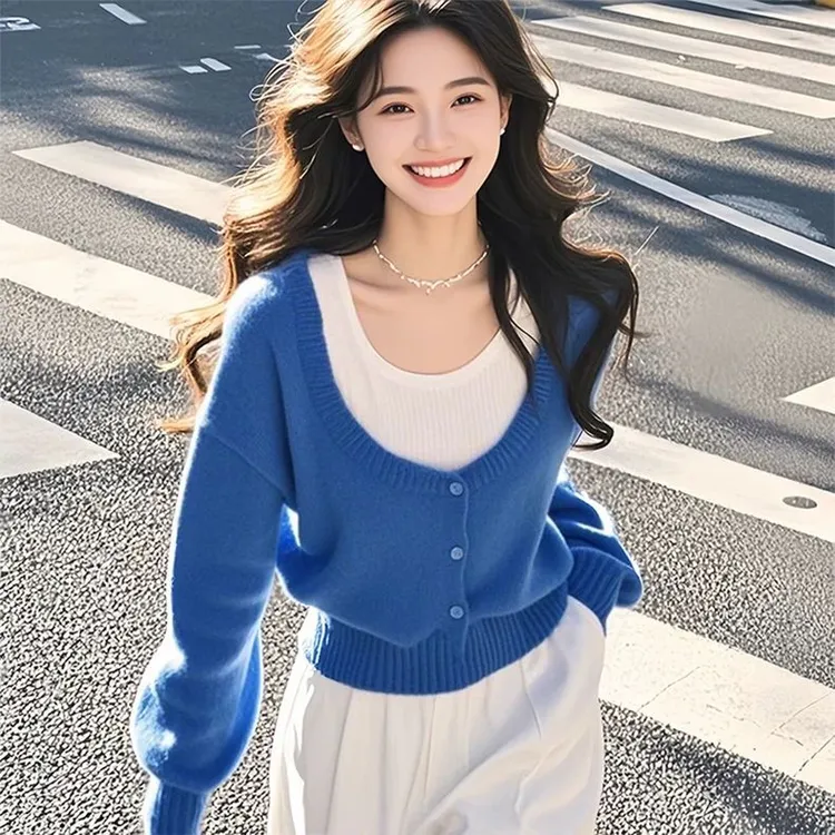 韩系宽松慵懒蓝色假两件针织毛衣女款2024新款秋冬季上衣时尚洋气