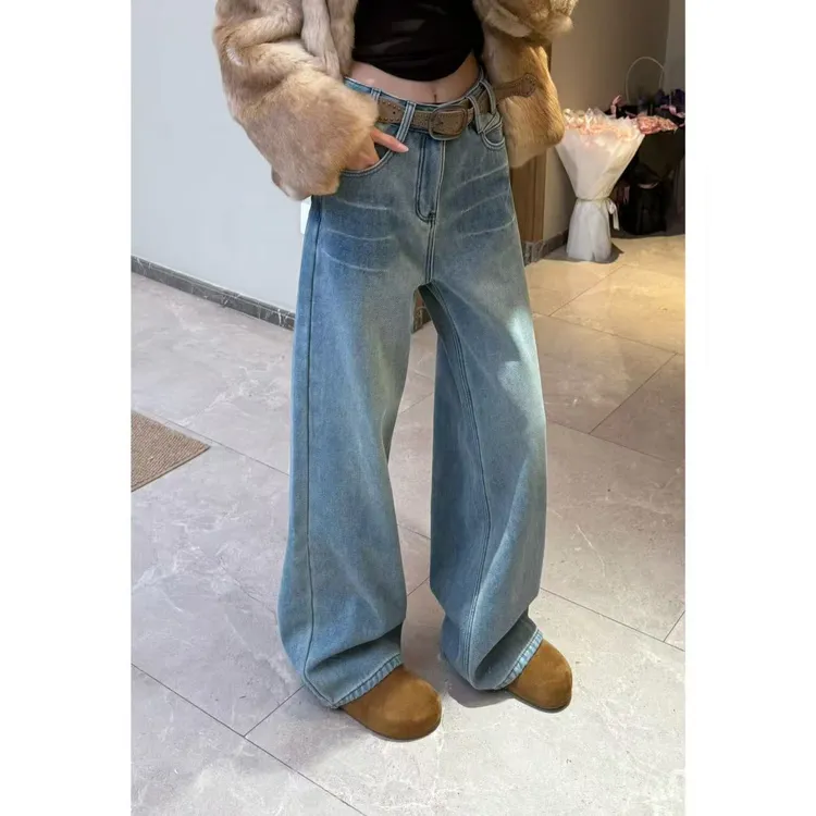 【青青同款】2025高腰休闲直筒裤女牛仔裤韩系加绒裤子设计感显瘦