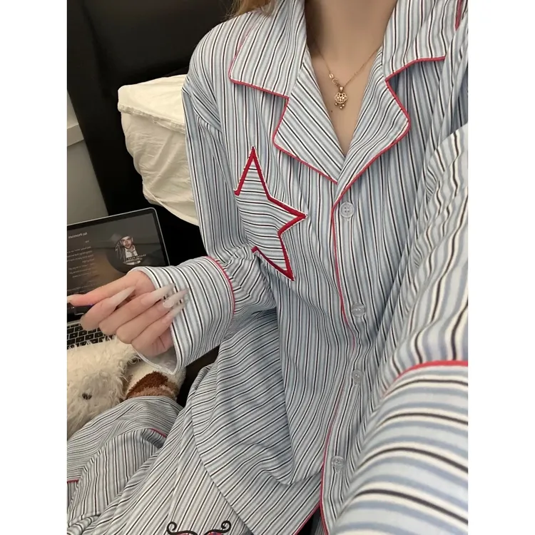 韩系复古星星刺绣大码舒适休闲睡衣女春秋新款撞色花边条纹两件套