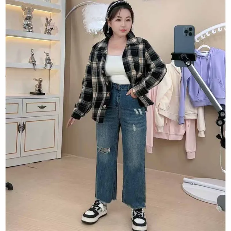 【云云专属】蓝色八分破洞牛仔裤女秋季新款小个子弹力显瘦直筒裤子