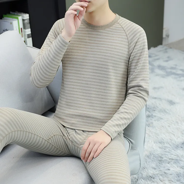冬季德绒保暖内衣套装男士贴身衣物加绒加厚圆领条纹青年秋衣秋裤