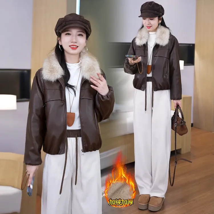 时尚加绒加厚短款皮衣外套女2025冬季新款洋气宽松保暖PU皮夹克潮