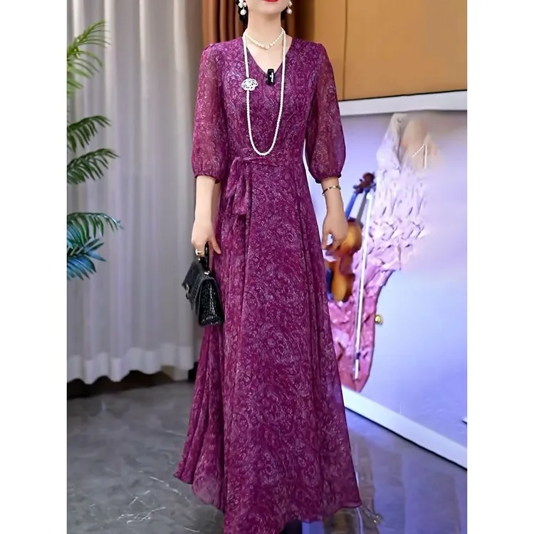 超好看阔太太绑带收腰V领连衣裙女2025夏季新款通勤显瘦印花A字裙