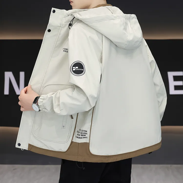 休闲男士连帽假两件学生工装外套春秋季2025新款痞帅青年夹克褂子