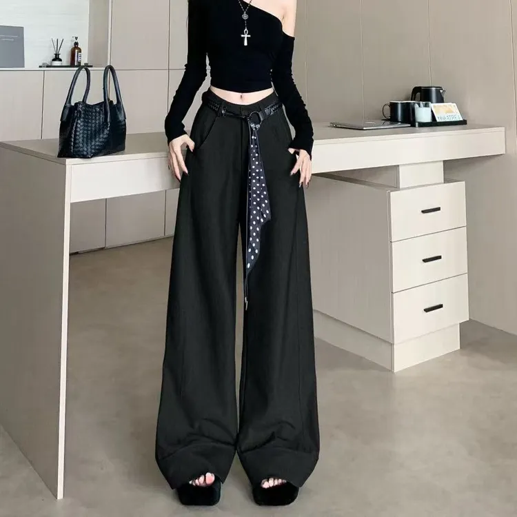 美式复古高级感丝巾腰带黑色阔腿裤女秋季爆款高腰休闲裤拖地裤潮