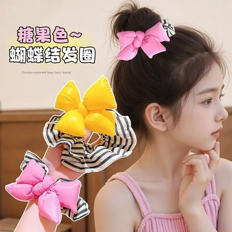 儿童糖果色蝴蝶结发圈新款条纹发饰甜美发绳时尚丸子头不伤发发饰
