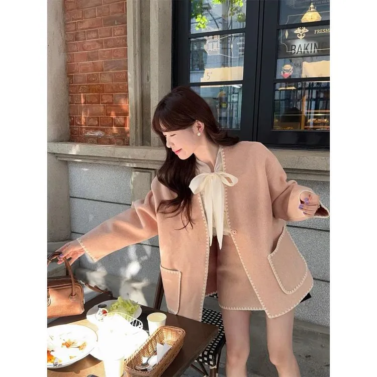 富家千金气质小香风长袖外套蝴蝶结衬衣半身裙女2025时尚套装