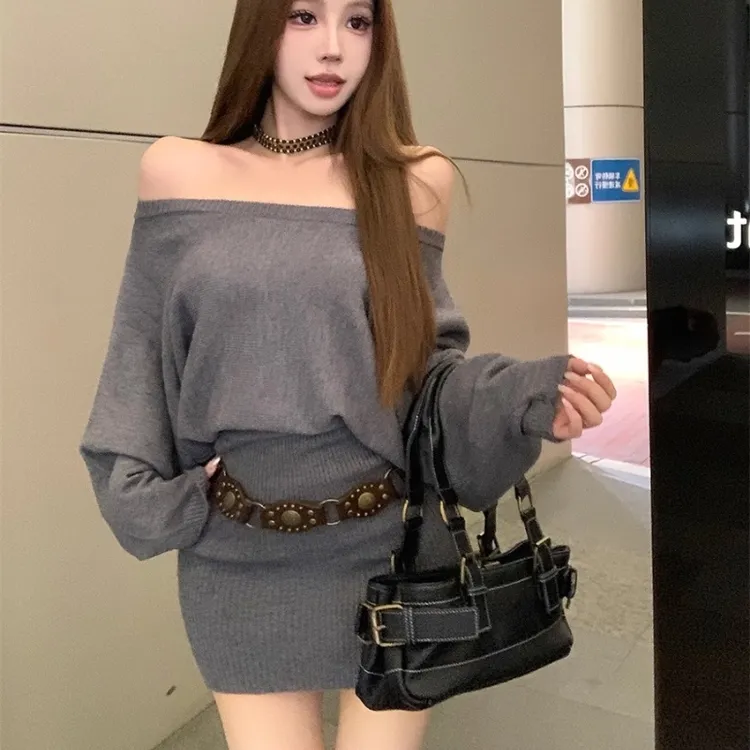 长袖针织连衣裙女纯欲气质秋冬辣妹性感露肩包臀纯纯欲辣妹风包臀