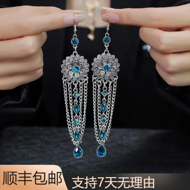  S06气质长款时尚百搭古典民族风高级流苏银耳钩耳饰