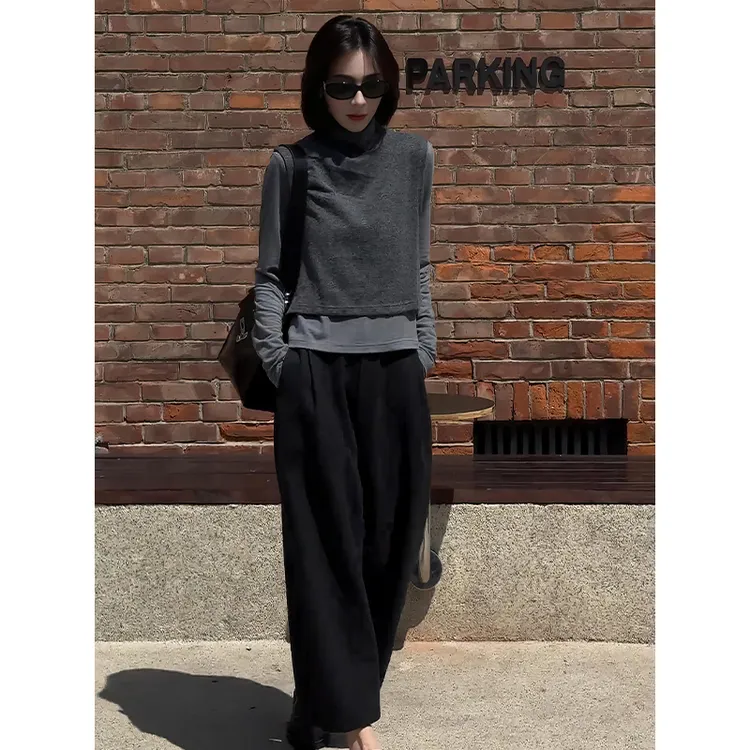 街头风少女风时尚套装休闲风极简风轻熟风显瘦马甲打底九分休闲裤
