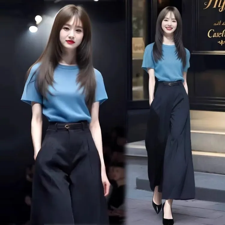 时尚套装女2025夏季新款时髦洋气短袖T恤高腰阔腿裤气质两件套潮