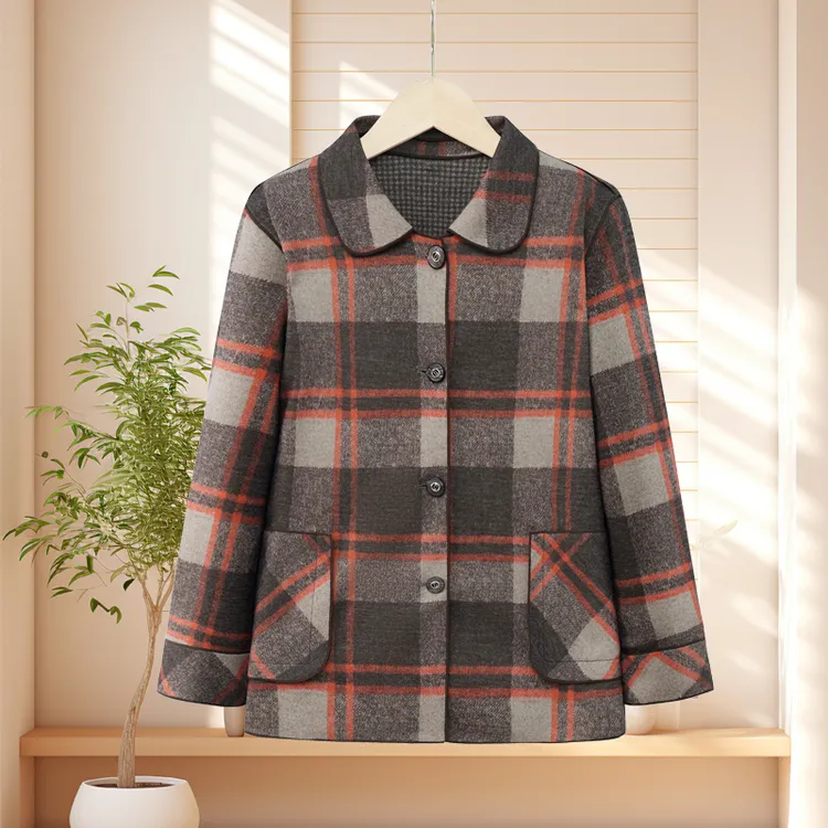 高贵双面穿中老年外套翻领双面中老年女装夹克春秋格子秋冬气质