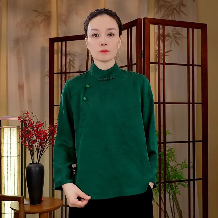 【阿邦香云纱】缎面提花开衫外套女100%桑蚕丝香云纱新中式立领上衣