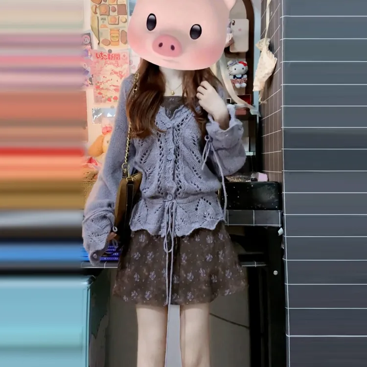 紫色镂空罩衫毛衣搭配碎花连衣裙子女2025新款高级感早秋穿搭套装