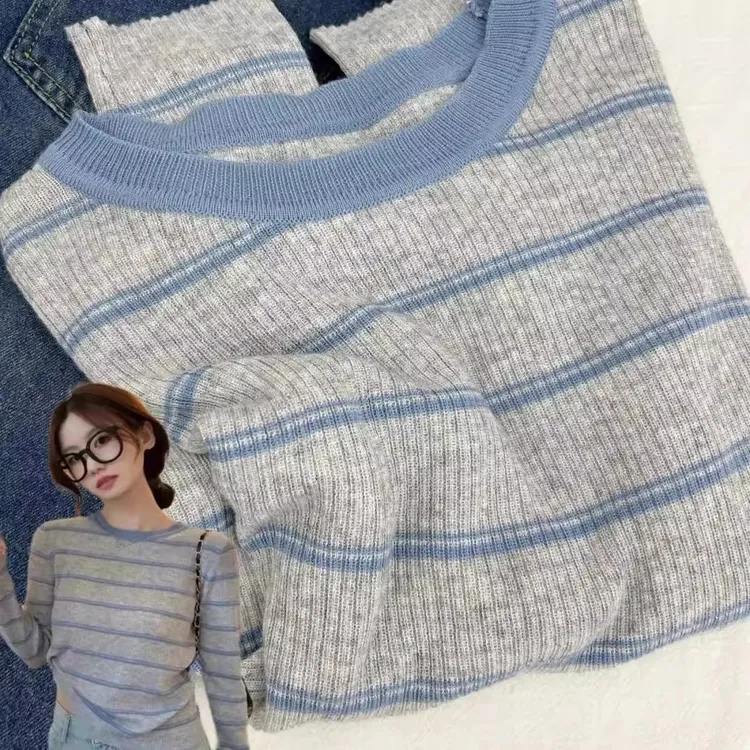 条纹撞色长袖针织衫女秋季薄款休闲宽松上衣百搭长袖衣服显瘦打底