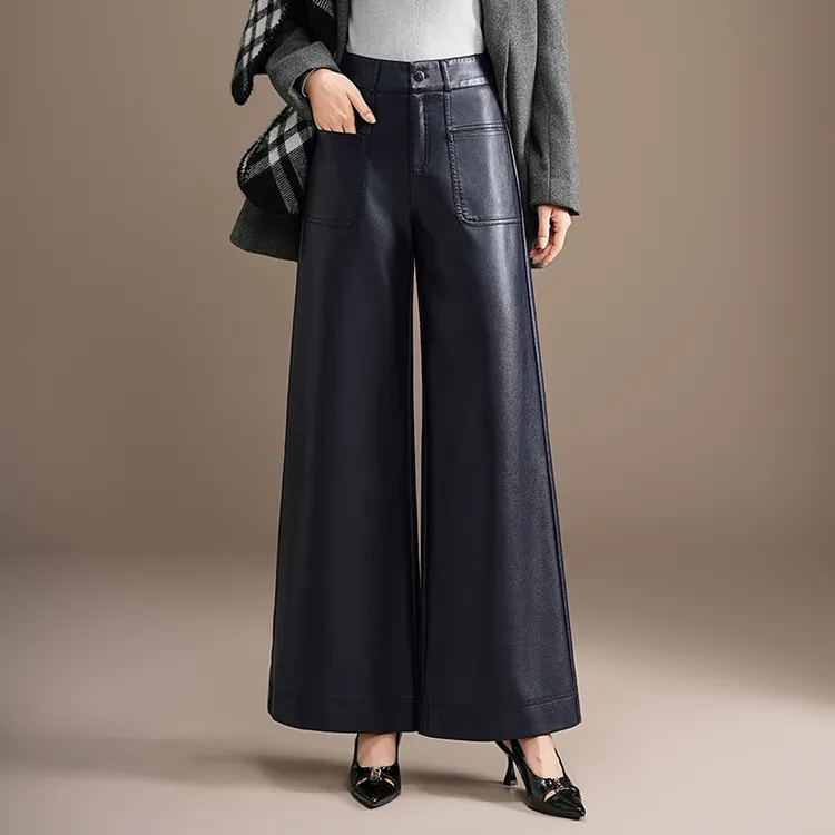藏青色皮裤女2025秋冬高腰宽松加厚垂感阔腿裤显瘦休闲大脚直筒裤