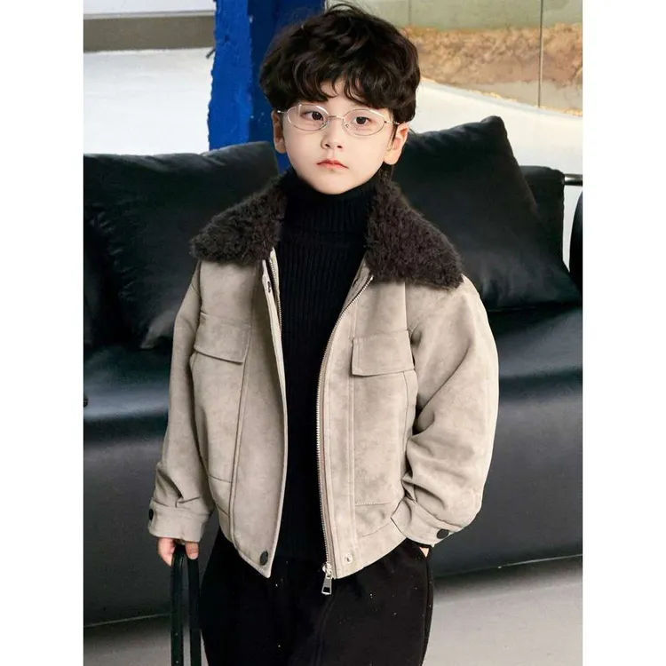 范哲萨男童外套秋冬装新款帅气儿童复古港风皮衣宝宝加厚加绒棉衣