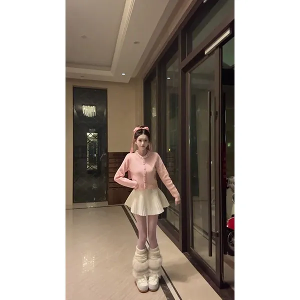 粉色小香风针织毛衣外套女秋冬高级感宽松长袖开衫上衣裙子套装女