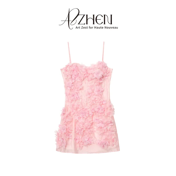 AZZHEN【粉樱绽韵】海棠花手工缝制重工花朵吊带连衣裙AZ4KXL11-00