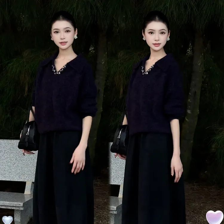 2025秋季新款设计感气质百搭慵懒风长袖上衣女搭配半身裙两件套