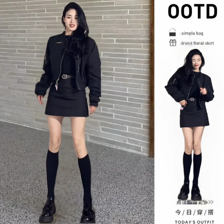 【三件套】洋气酷辣风一整套短款夹克外套+内搭短袖T恤+a字半身裙套