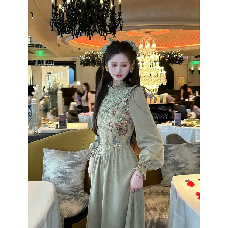 一生罗曼【豆蔻】法式复古新款女中长款气质长袖连衣裙L1574
