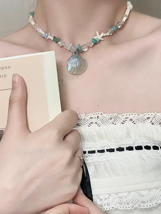 非金属树脂项链 蓝色海星串珠项链女小众设计清新海边渐变锁骨链
