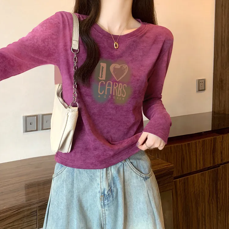 新款纯棉正肩扎染渐变修身长袖t恤女春秋冬季爆款内搭打底衫上衣