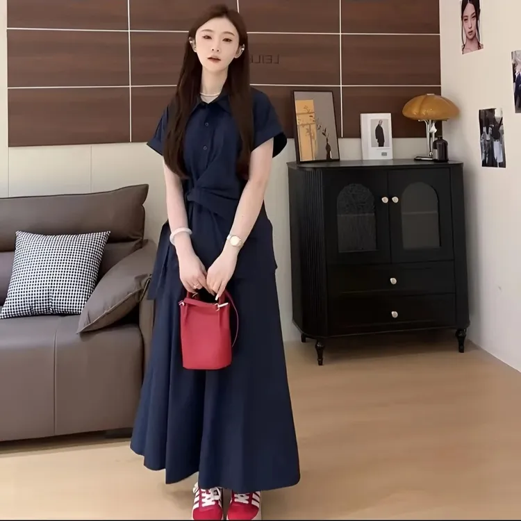 夏季新款复古静奢风收腰裙子显瘦上衣气质高腰遮肉半身裙两件套