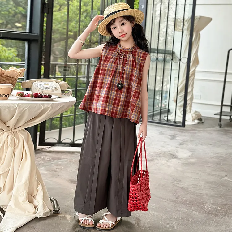 女童夏装套装洋气儿童无袖格子上衣九分裤中大童两件套6-12岁潮款