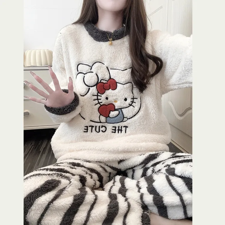 【KT猫】软糯睡衣女秋冬季加厚加绒珊瑚绒可爱条纹法兰绒家居服套装