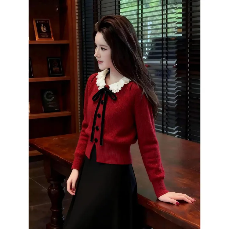 2025秋冬新款红色小香风蝴蝶结毛衣女超百搭减龄慵懒松弛感毛线衣