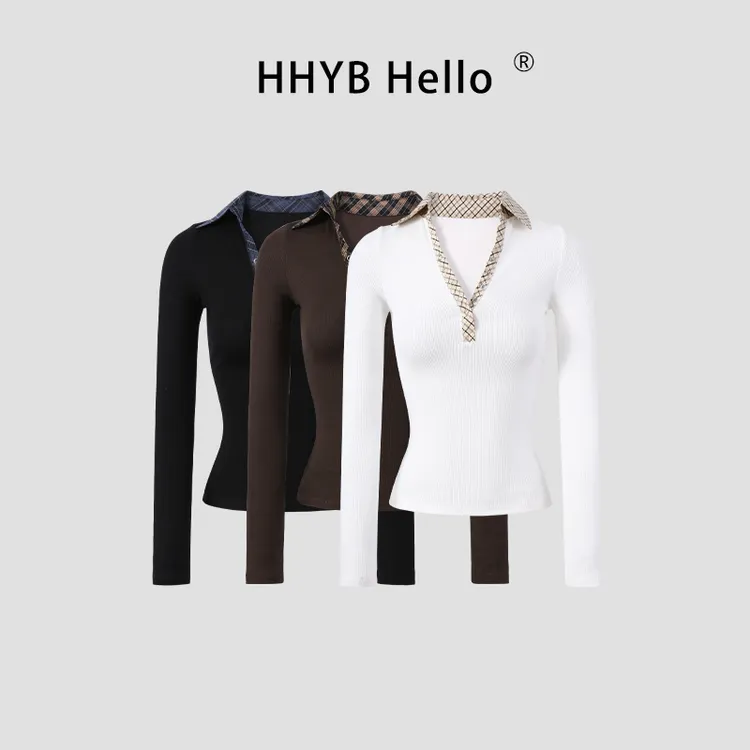 HHYB Hello拼接格纹YKK金属暗扣上衣2025秋长袖紧身打底衫250838