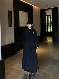 R123387W【羊驼毛+绵羊毛】毛呢外套长款显瘦长袖气质黑色呢大衣