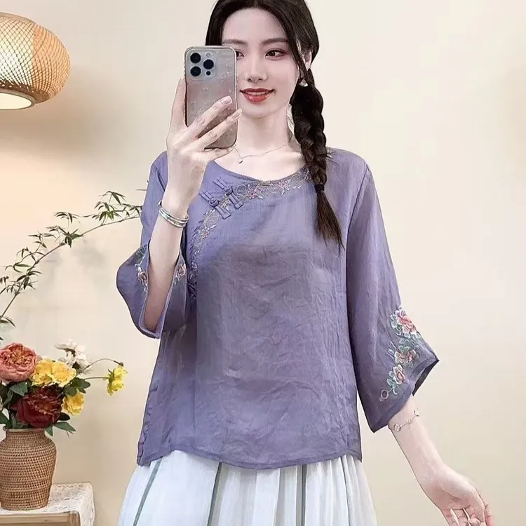 2025国风新款棉麻中式斜襟夏季文艺复古盘扣刺绣七分上衣衬衫