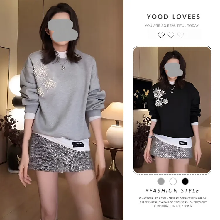 洋气时髦休闲套装女2025春秋新款长袖圆领卫衣T恤亮片短裙三件套