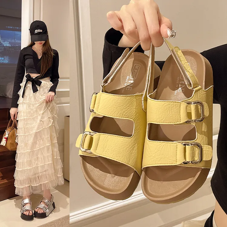 厚底勃肯凉鞋女款夏季新款外穿出游露趾一脚蹬懒人一字带沙滩凉鞋