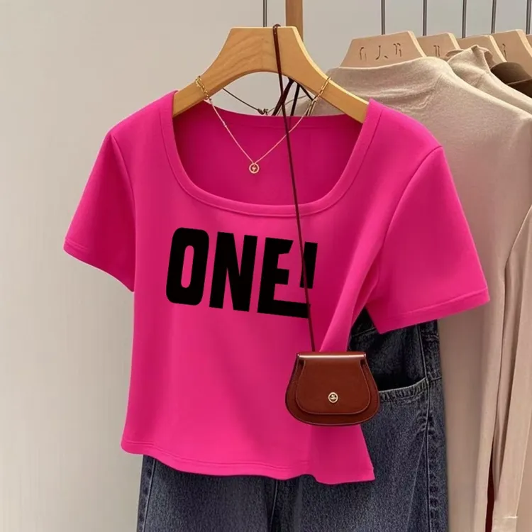 印花字母纯欲风短款短袖透气纯棉T恤修身显瘦ins小众设计感上衣女